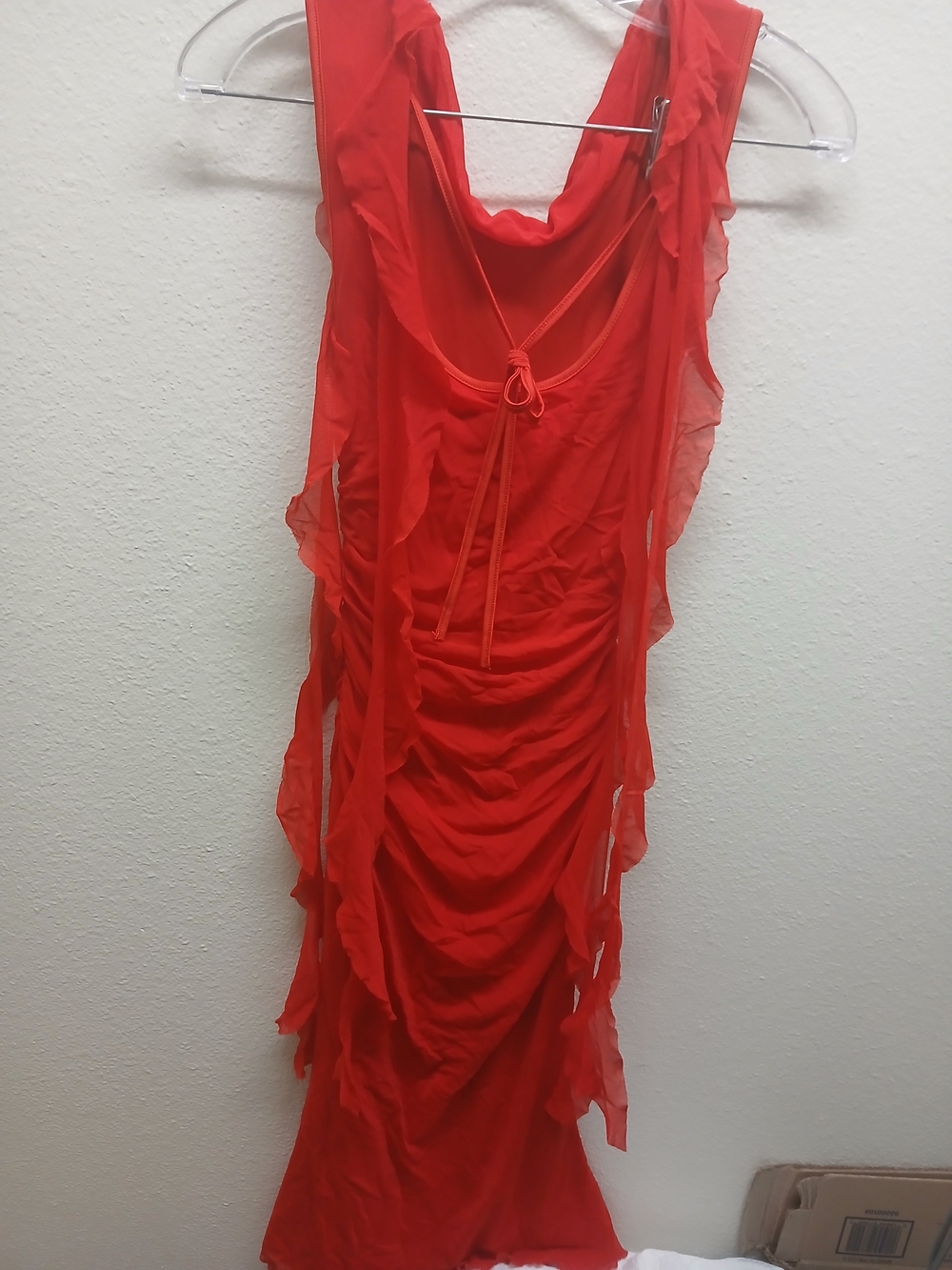 Red Backless Ruched Ruffle Dress